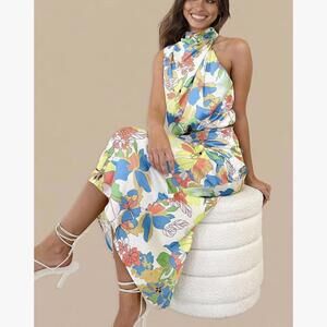 PRETTYGARDEN Floral Print Satin Mockneck Elegant Party Dress Size L